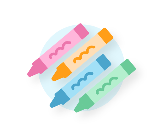 pink, orange, blue, and green crayons pointing diagonally down and to the left on top of a blue circle in the background