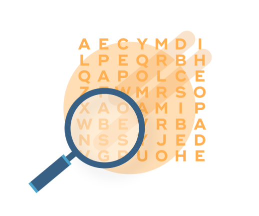 an orange wordsearch letter grid with a magnifying glass in the bottom left corner