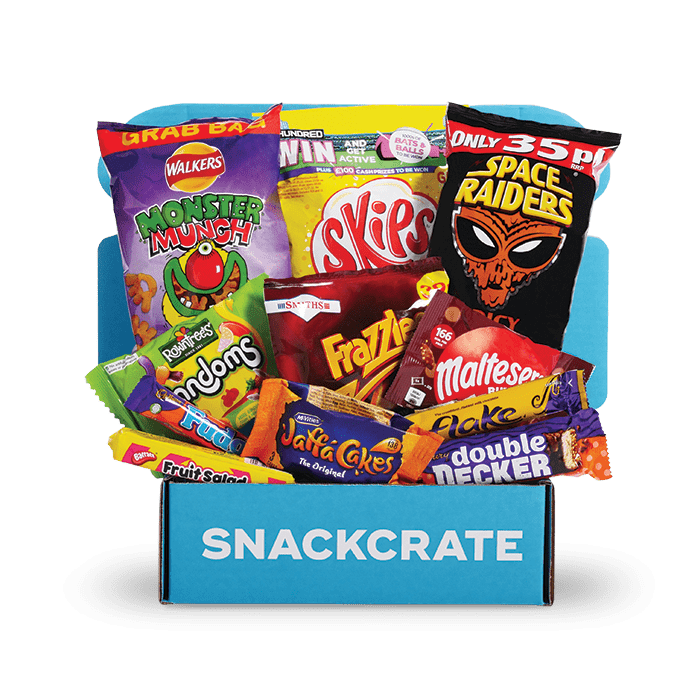 Image of an open United Kingdom SnackCrate overflowing with snacks