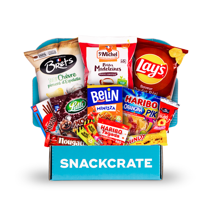 Image of an open France SnackCrate overflowing with snacks